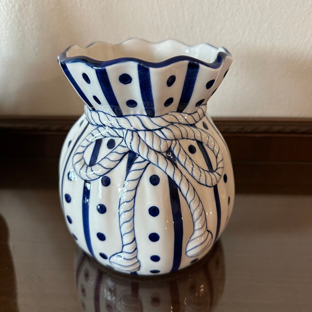 Strata Group Blue White Ceramic Bag Vase 7'' x 6'' Polka Dot Stripe Thailand